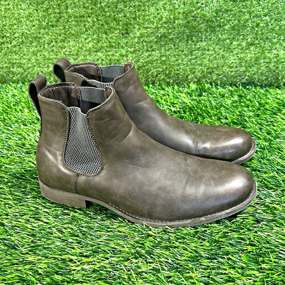 Toecap Men's Brown Faux Leather Chelsea Ankle Boots Slip-On Round Toe 9.5